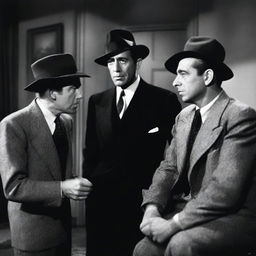 A black and white 1940s film noir photo featuring Humphrey Bogart, James Cagney, and Jimmy Stewart