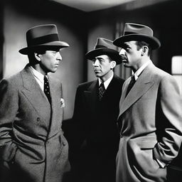 A black and white 1940s film noir photo featuring Humphrey Bogart, James Cagney, and Jimmy Stewart