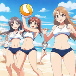 A group of anime girls playing volleyball on a sunny beach