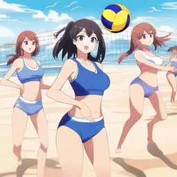 A group of anime girls playing volleyball on a sunny beach