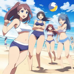 A group of anime girls playing volleyball on a sunny beach