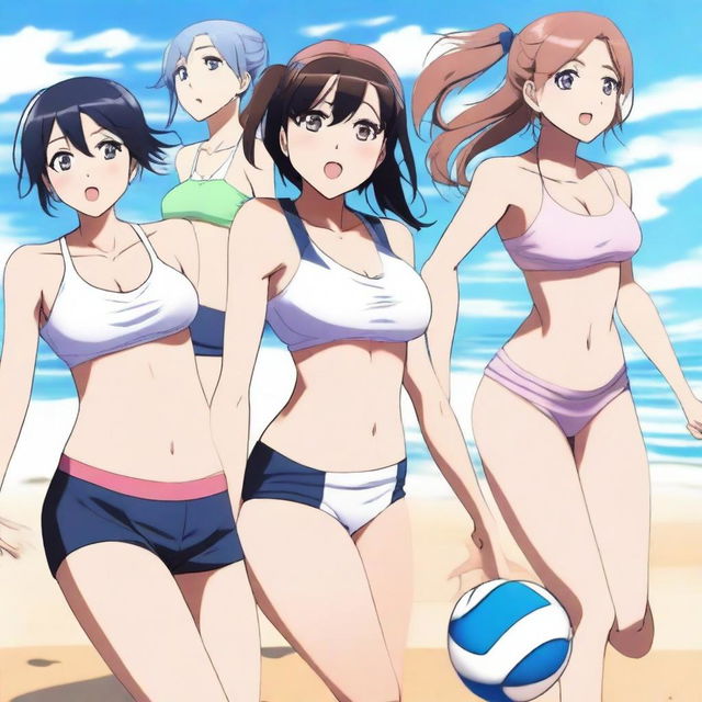 A group of anime girls playing volleyball on a sunny beach