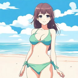 Create an anime-style image of a girl in a bikini, standing on a beach with the ocean in the background