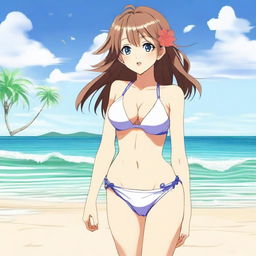 Create an anime-style image of a girl in a bikini, standing on a beach with the ocean in the background