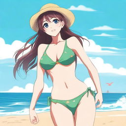 Create an anime-style image of a girl in a bikini, standing on a beach with the ocean in the background