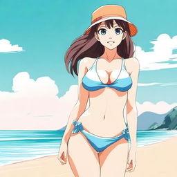 Create an anime-style image of a girl in a bikini, standing on a beach with the ocean in the background