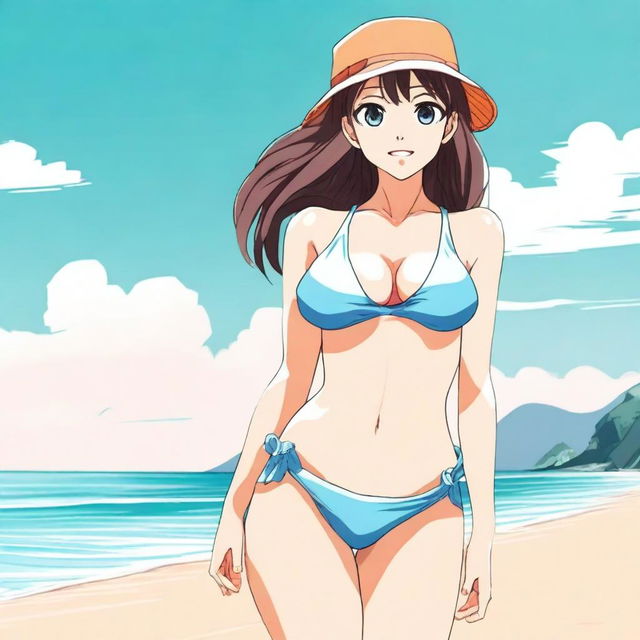 Create an anime-style image of a girl in a bikini, standing on a beach with the ocean in the background