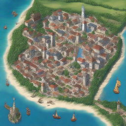 Create a detailed image of the city Xare de Yen, populated mostly by humans, halflings, and half-elves