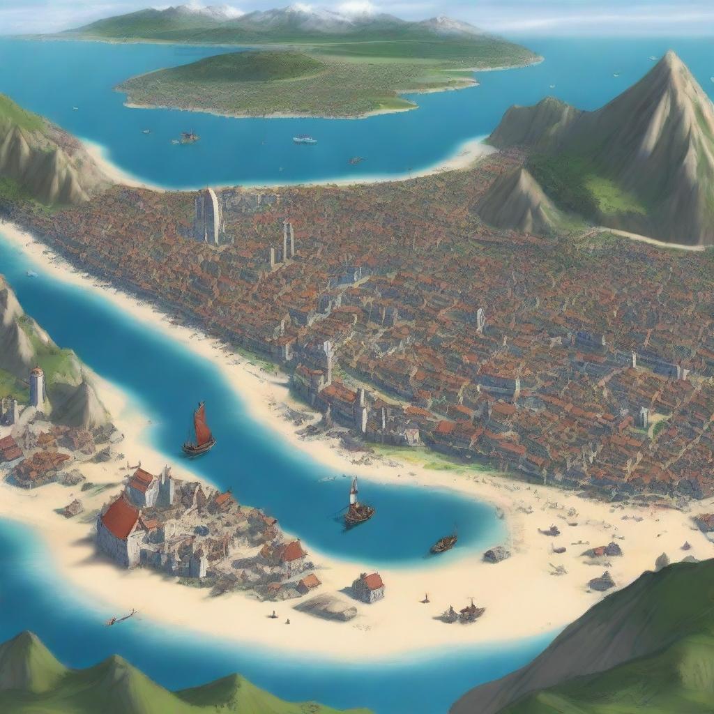 Create a detailed image of the city Xare de Yen, populated mostly by humans, halflings, and half-elves