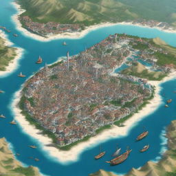 Create a detailed image of the city Xare de Yen, populated mostly by humans, halflings, and half-elves