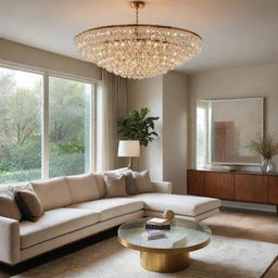 A sophisticated ring chandelier, brilliantly radiating warm light, suspended in a chic, mid-century modern living room.