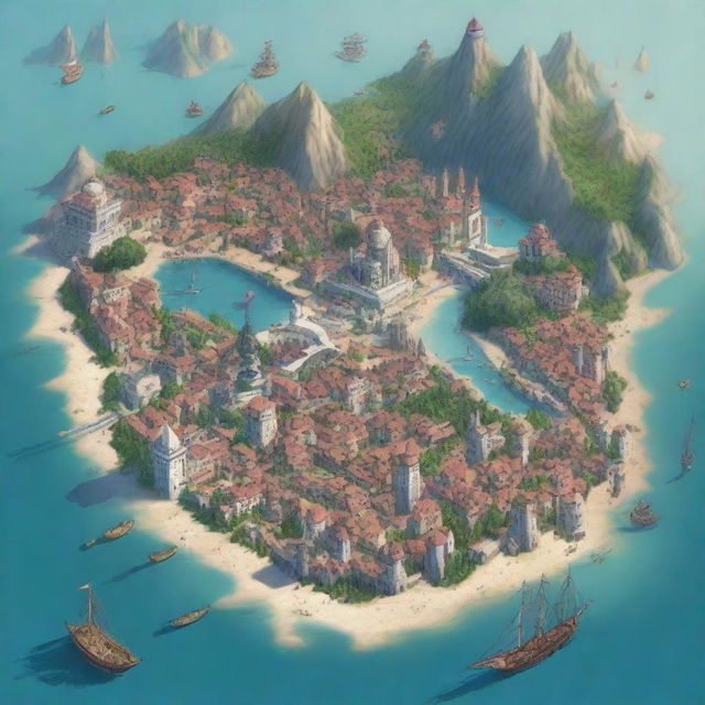 Create a fantastical and detailed image of the city Xare de Yen, populated mostly by humans, halflings, and half-elves