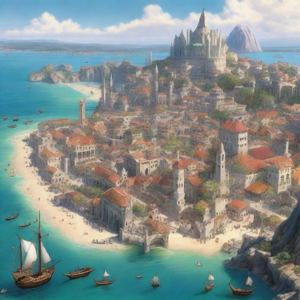 Create a fantastical and epic image of the city Xare de Yen, populated mostly by humans, halflings, and half-elves