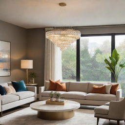 A sophisticated ring chandelier, brilliantly radiating warm light, suspended in a chic, mid-century modern living room.