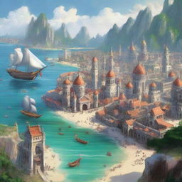 Create a fantastical and epic image of the city Xare de Yen, populated mostly by humans, halflings, and half-elves