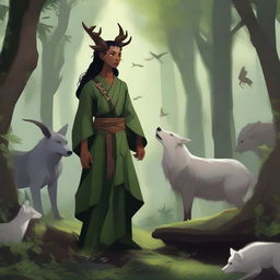 A tiefling druid standing in a lush forest, surrounded by various animals like wolves, birds, and deer