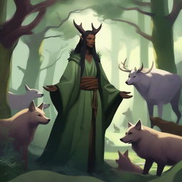 A tiefling druid standing in a lush forest, surrounded by various animals like wolves, birds, and deer