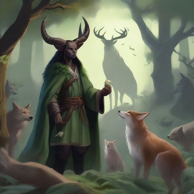 A tiefling druid standing in a lush forest, surrounded by various animals like wolves, birds, and deer