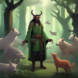 A tiefling druid standing in a lush forest, surrounded by various animals like wolves, birds, and deer