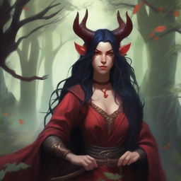 A high quality image of a tiefling druid with red skin