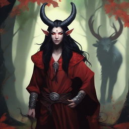 A high quality image of a tiefling druid with red skin