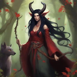 A high quality image of a tiefling druid with red skin