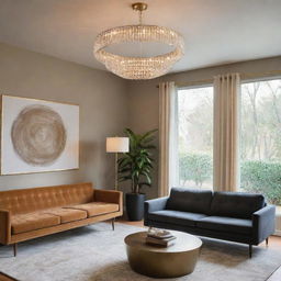 A sophisticated ring chandelier, brilliantly radiating warm light, suspended in a chic, mid-century modern living room.