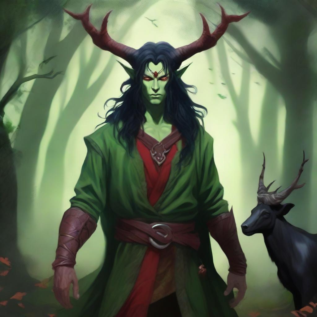 A high quality image of a male tiefling druid with red skin, long black hair, and horns