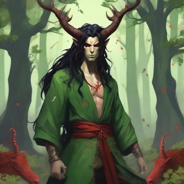 A high quality image of a male tiefling druid with red skin, long black hair, and horns