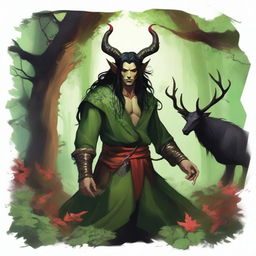 A high quality image of a male tiefling druid with red skin, long black hair, and horns