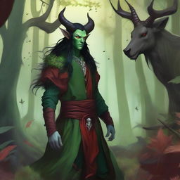 A high quality image of a male tiefling druid with red skin, long black hair, and horns