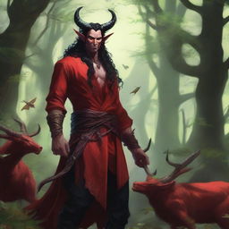 A high quality image of a male tiefling druid with red skin, long black hair, and horns