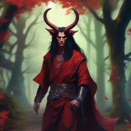 A high quality image of a male tiefling druid with red skin, long black hair, and horns