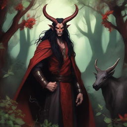 A high quality image of a male tiefling druid with red skin, long black hair, and horns