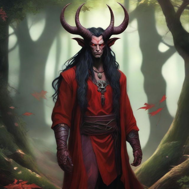 A high quality image of a male tiefling druid with red skin, long black hair, and horns