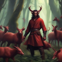 A high quality image of a male tiefling druid with short horns, wearing red clothes