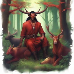 A high quality image of a male tiefling druid with short horns, wearing red clothes