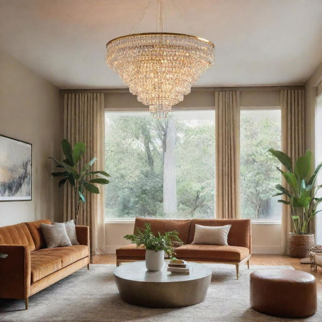 A sophisticated ring chandelier, brilliantly radiating warm light, suspended in a chic, mid-century modern living room.