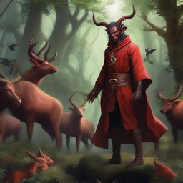 A high quality image of a male tiefling druid with short horns, wearing red clothes