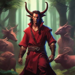 A high quality image of a male tiefling druid with short horns, wearing red clothes