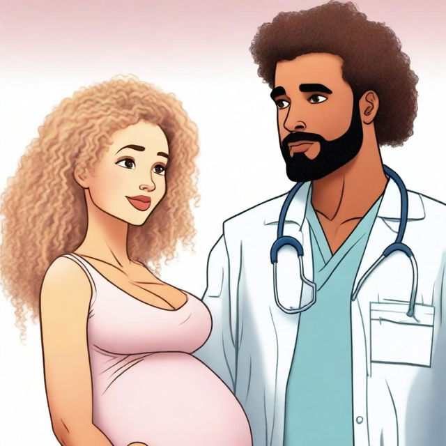 A pregnant mixed-race woman with curly hair standing next to her handsome, large, blonde husband who is gay