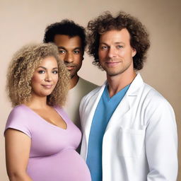 A pregnant mixed-race woman with curly hair standing next to her handsome, large, blonde husband who is gay