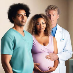 A pregnant mixed-race woman with curly hair standing next to her handsome, large, blonde husband who is gay