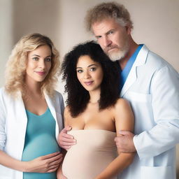 A beautiful mixed-race woman with curly hair, pregnant, standing next to a large, handsome blonde man who is her husband but gay