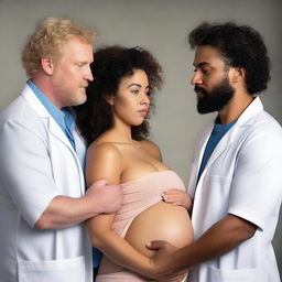 A beautiful mixed-race woman with curly hair, pregnant, standing next to a large, handsome blonde man who is her husband but gay