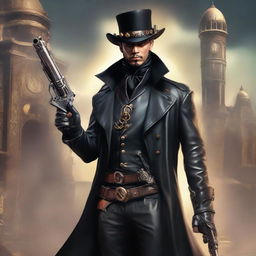 A book cover featuring a character wearing a long black leather coat and holding two guns