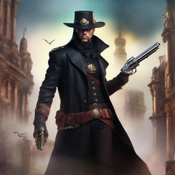 A book cover featuring a character wearing a long black leather coat and holding two guns