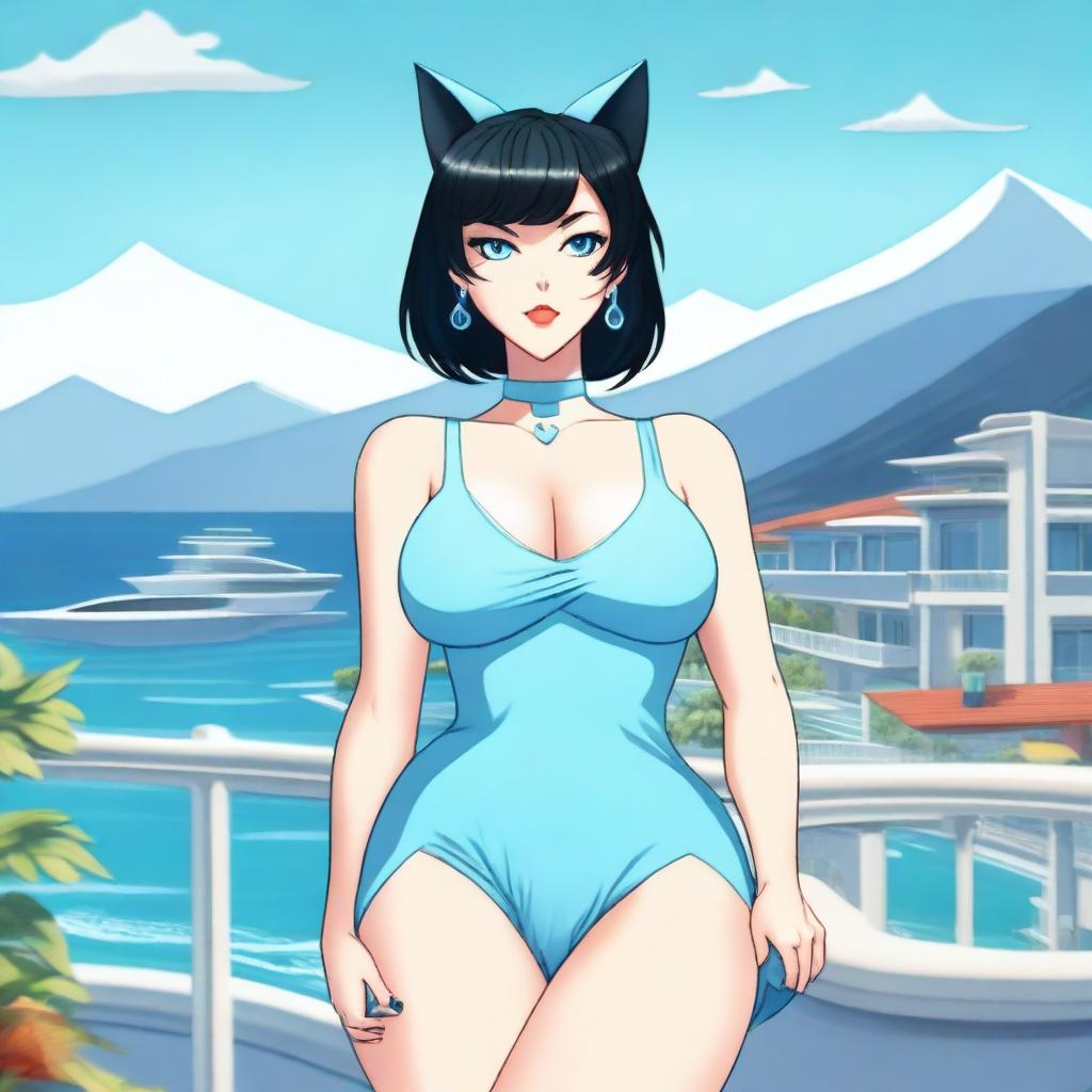 A beautiful 50-year-old woman with fair skin, large hips, large 38DD breasts, short straight jet-black hair, and blue cat-like eyes