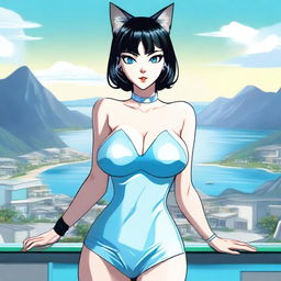 A beautiful 50-year-old woman with fair skin, large hips, large 38DD breasts, short straight jet-black hair, and blue cat-like eyes