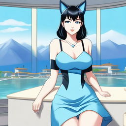 A beautiful 50-year-old woman with fair skin, large hips, large 38DD breasts, short straight jet-black hair, and blue cat-like eyes